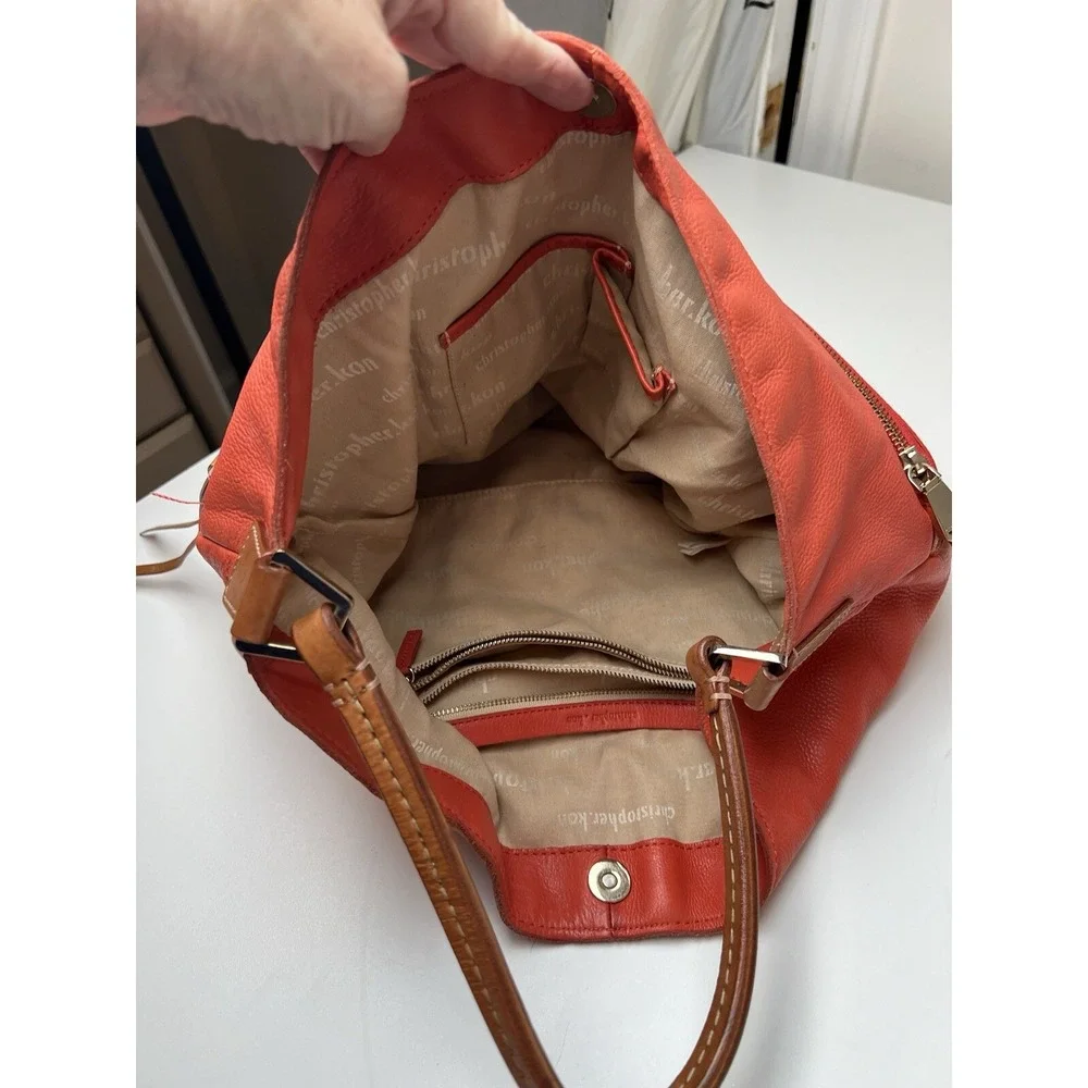 Christopher Kon Leather Slouch Purse Salmon Orange Strap Outside Zip Pockets